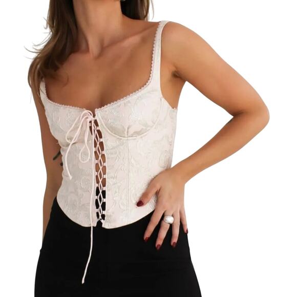 Rumored Tops - Rumored Cream Lace-Up Crop Top